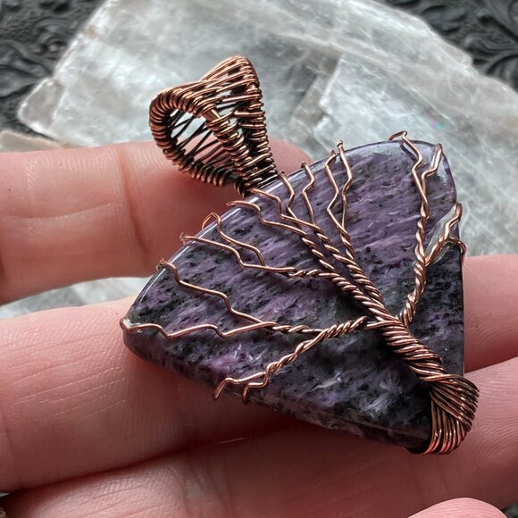 Copper Wire Wrapped Tree Of Life Charoite Crystal Pendant - Picture 3 of 8